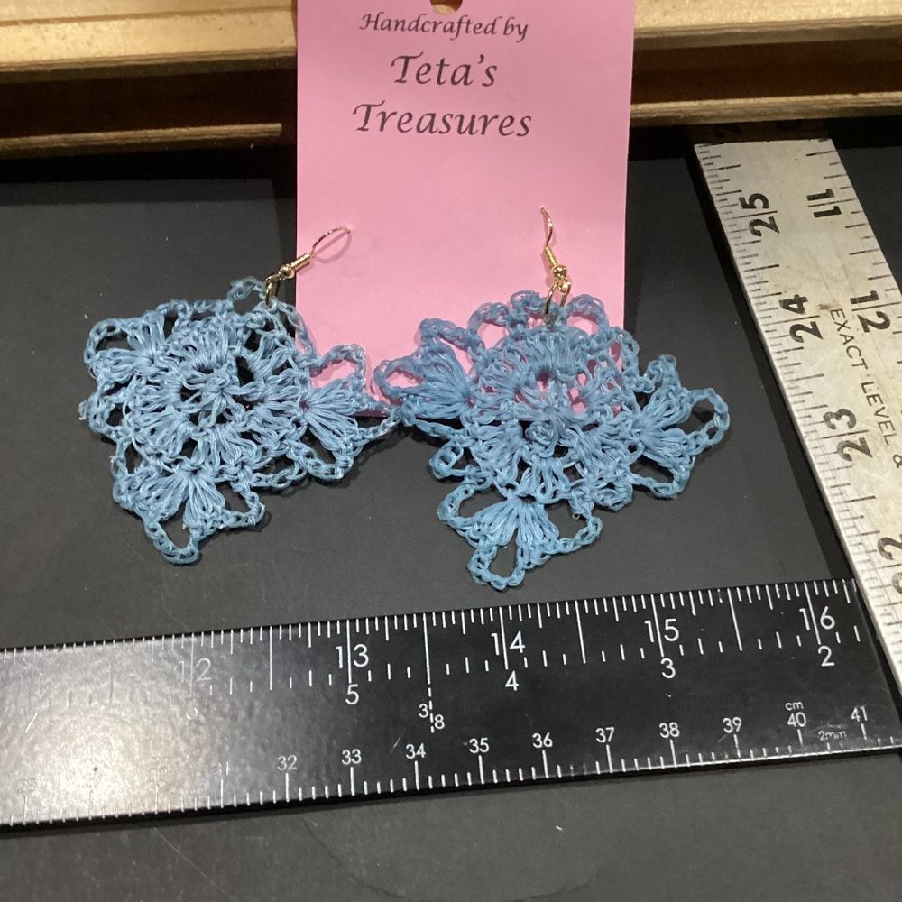 Earrings Light Blue Triangle Crocheted Crochet Hand Crafted